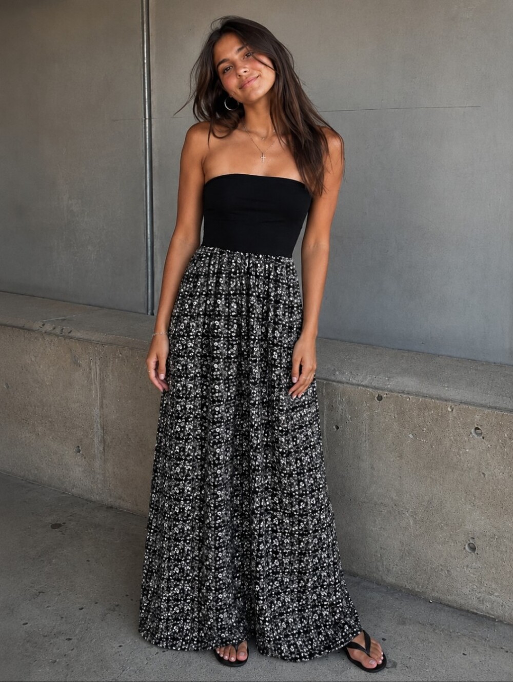 Y2K Wet Seal Strapless Maxi Dress Black White Pattern Boho Casual Summer Sz M
